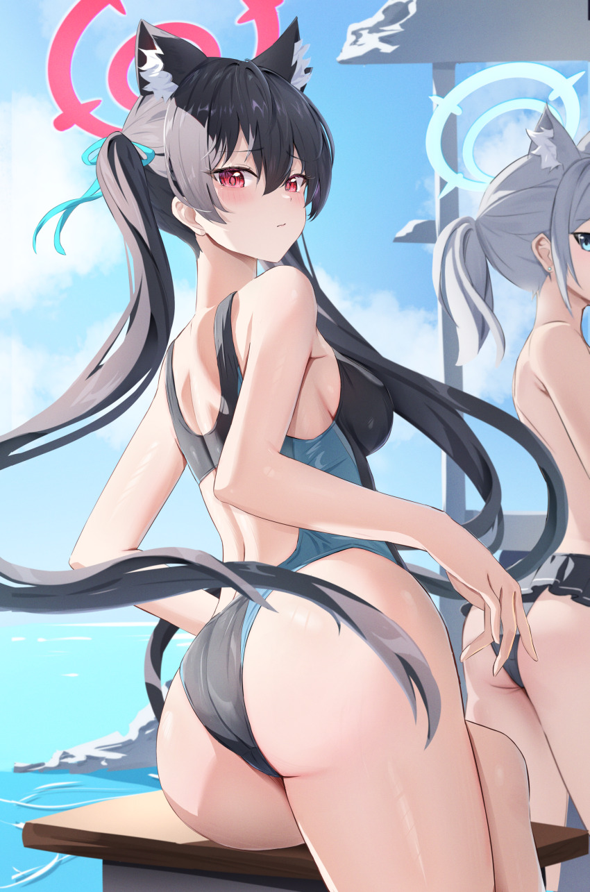 2girls absurdres animal_ears ass back_cutout bare_arms black_hair black_one-piece_swimsuit blue_archive blush breasts cat_ears cat_girl closed_mouth clothing_cutout commentary_request competition_swimsuit cosplay costume_switch grey_hair halo highres huge_ass long_hair looking_at_viewer looking_back medium_breasts multicolored_clothes multicolored_swimsuit multiple_girls one-piece_swimsuit pharmarr ponytail red_halo serika_(blue_archive) serika_(swimsuit)_(blue_archive) shiroko_(blue_archive) shiroko_(swimsuit)_(blue_archive) solo_focus swimsuit twintails wolf_ears wolf_girl