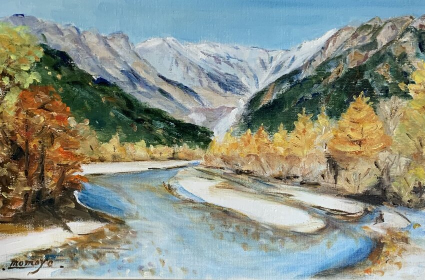 autumn_leaves forest highres leaf momo7rosemary mountainous_horizon nature no_humans original painting_(medium) river riverbank scenery signature snow traditional_media tree valley water