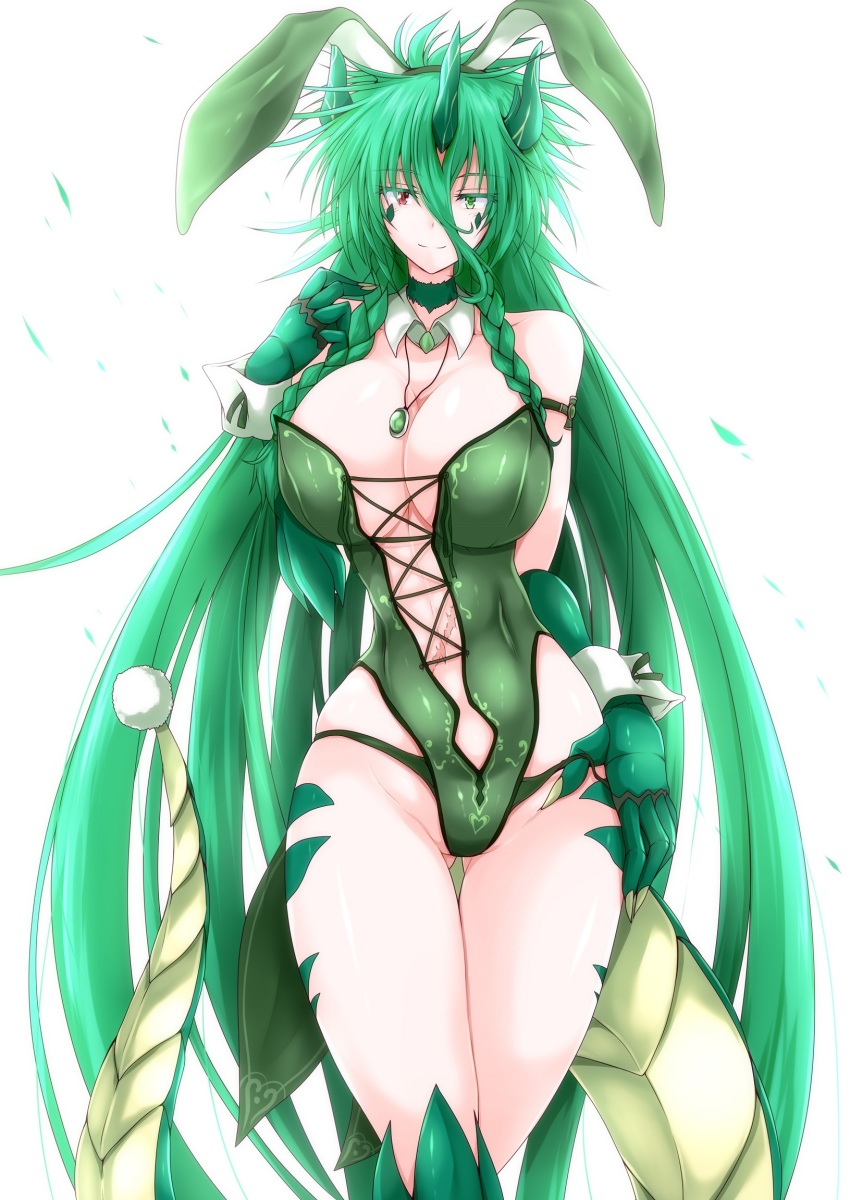 1girl animal_ears bare_legs braid breasts claws cleavage closed_mouth cross-laced_clothes detached_collar dragon_girl dragon_horns dragon_tail fake_animal_ears female_focus g_(genesis1556) green_eyes green_leotard green_panties heterochromia highres horns jewelry karutia_(g_(genesis1556)) large_breasts leotard long_hair looking_at_viewer matching_hair/eyes monster_girl navel original panties pendant playboy_bunny rabbit_ears red_eyes simple_background smile solo standing tail thighs twin_braids underwear very_long_hair white_background wrist_cuffs