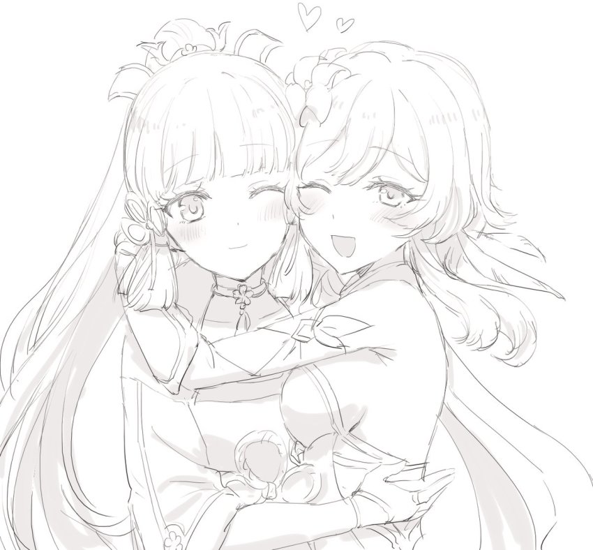 2girls ayaka_(genshin_impact) blunt_bangs blush choker detached_sleeves dress flower genshin_impact greyscale hair_between_eyes hair_ribbon heart hug long_hair lumine_(genshin_impact) monochrome multiple_girls one_eye_closed open_mouth ponytail ribbon sbs short_hair_with_long_locks simple_background sketch smile tress_ribbon upper_body very_long_hair