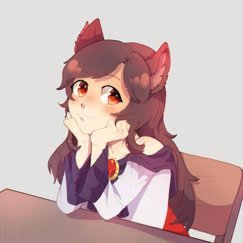 1girl absurdres animal_ears brown_hair closed_mouth commentary dungeon_toaster english_commentary fang fang_out grey_background hands_on_own_chin happy highres imaizumi_kagerou light_smile long_hair long_sleeves looking_at_viewer on_chair red_eyes shirt simple_background sitting solo table touhou upper_body white_shirt wolf_ears wolf_girl wooden_table