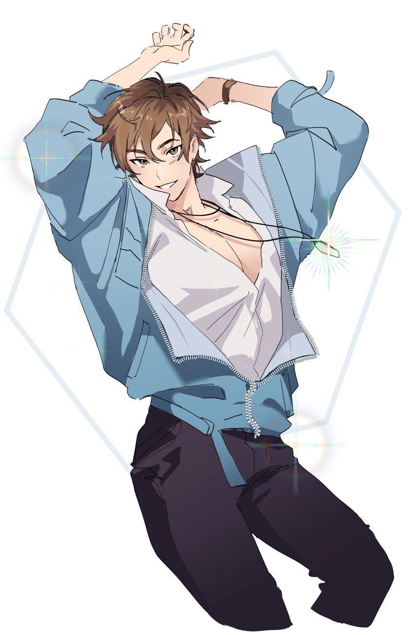 1boy absurdres arms_up bare_pectorals black_pants blue_jacket bracelet brown_eyes brown_hair collared_shirt commentary cropped_legs crystal eiden_(nu_carnival) english_commentary grin hair_between_eyes highres jacket jewelry long_sleeves looking_at_viewer male_focus necklace nu_carnival open_clothes open_shirt pants partially_unzipped pectorals shirt short_hair smile solo sparkle teeth texxmomo white_background white_shirt zipper