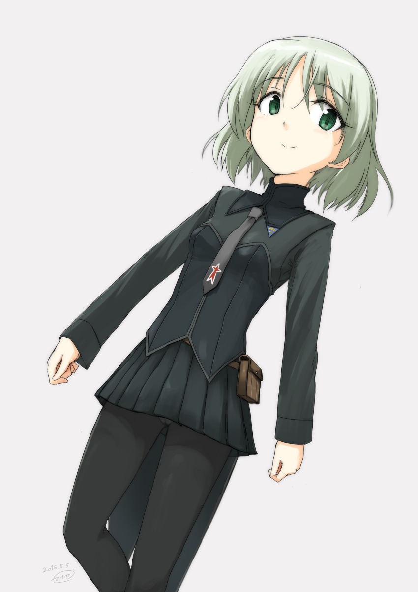 1girl absurdres alternate_color commentary dutch_angle female_focus green_eyes highres makaze_(t-junction) necktie pantyhose pleated_skirt pouch sanya_v._litvyak short_hair silver_hair simple_background skirt smile solo strike_witches walking white_background world_witches_series