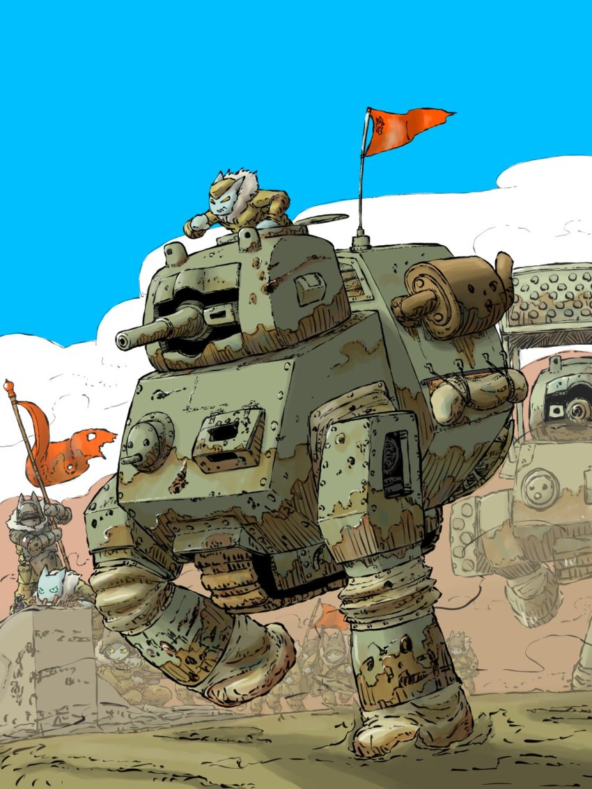 6+boys blue_sky cannon caterpillar_tracks dust_cloud exhaust_pipe flag furry highres machinery mecha mecha_focus military_vehicle multiple_boys original robot sky tank_turret tarpaulin vehicle_focus walker_(robot) yabarn