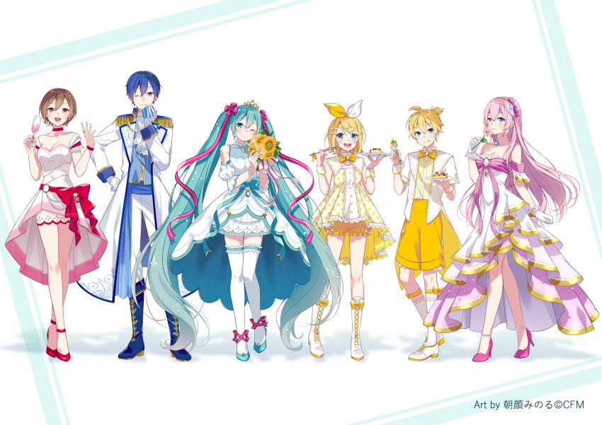 2boys 4girls :d ;) absurdres aqua_hair aqua_ribbon aqua_shoes artist_name asagao_minoru blonde_hair bloomers blue_eyes blue_footwear blue_hair bob_cut bow bowtie box brown_eyes brown_hair cake cake_slice choker closed_mouth coat copyright_name cup detached_sleeves dress drink english_text flower food fork full_body gift gift_box gloves hair_ribbon hatsune_miku high_heels highres holding holding_cup holding_flower holding_fork holding_gift holding_plate kagamine_len kagamine_rin kaito_(vocaloid) lapels long_hair medium_hair megurine_luka meiko_(vocaloid) multiple_boys multiple_girls notched_lapels official_art one_eye_closed open_clothes open_mouth open_shirt pants pink_hair pink_shoes plate polka_dot polka_dot_dress ponytail red_choker red_footwear red_ribbon ribbon shirt shoes short_hair short_ponytail sleeveless sleeveless_dress smile standing striped_clothes striped_shirt sunflower thighhighs tiara tongue twintails underwear very_long_hair vocaloid white_coat white_dress white_footwear white_gloves white_pants white_shirt white_sleeves white_thighhighs yellow_bloomers yellow_bow yellow_bowtie yellow_pants