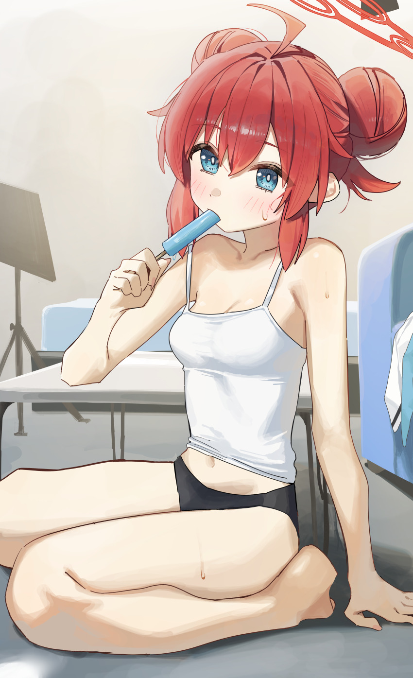 1girl absurdres ahoge barefoot black_panties blue_archive blue_eyes blush breasts camisole cleavage closed_mouth double_bun food hair_between_eyes hair_bun highres holding holding_food maki_(blue_archive) navel panties popsicle red_hair short_hair small_breasts solo syhan underwear white_camisole