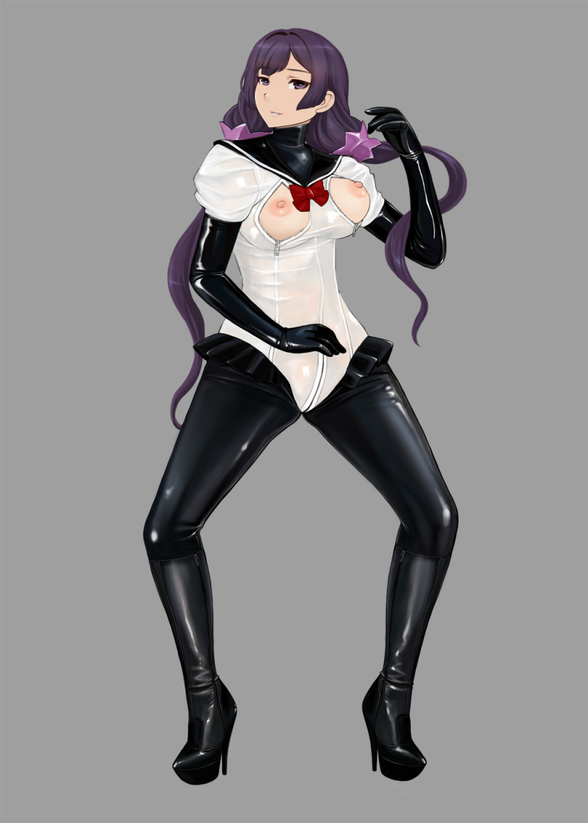 1girl breast_cutout breasts breasts_out female_focus gloves highres komii latex latex_gloves nipples platform_footwear platform_heels puffy_sleeves purple_eyes purple_hair sailor_collar skin_tight solo spread_legs twintails