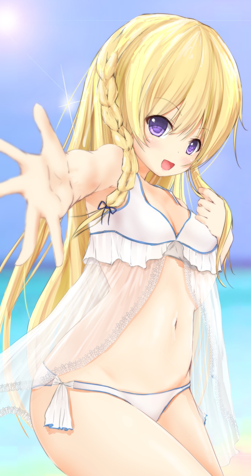 1girl :d bare_arms bare_shoulders bikini blonde_hair blue_sky blurry blurry_background blurry_foreground blush braid breasts commentary_request day depth_of_field hair_between_eyes highres long_hair looking_at_viewer maru_shion navel ocean open_mouth original outdoors outstretched_arm purple_eyes see-through_clothes sky small_breasts smile solo sunlight swimsuit very_long_hair white_bikini