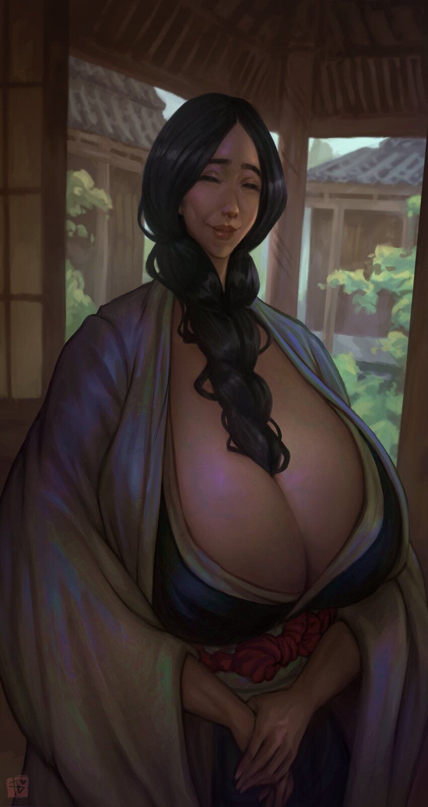 1girl absurdres architecture black_hair black_kimono bleach bleach:_sennen_kessen-hen breasts cleavage closed_eyes commentary east_asian_architecture english_commentary highres huge_breasts japanese_clothes kimono long_hair open_clothes open_robe robe solo tomoopachyy unohana_retsu veins veiny_breasts white_robe