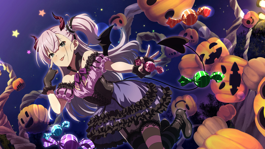 1girl akanbe bare_shoulders black_corset black_footwear black_gloves black_wings blue_eyes boots candy corset demon_horns demon_tail dress eyelid_pull fake_horns fake_tail fake_wings fingerless_gloves food frilled_shirt frilled_skirt frills game_cg gloves halloween halloween_costume holding holding_candy holding_food horns jack-o&#039;-lantern long_hair looking_at_viewer moon night official_art one_side_up pink_hair pink_shirt pumpkin purple_nails purple_skirt purple_thighhighs shirt skirt smile solo star_(symbol) striped_clothes striped_thighhighs tail thigh_strap thighhighs toji_no_miko toji_no_miko:_kizamishi_issen_no_tomoshibi tongue tongue_out tsubakuro_yume wings