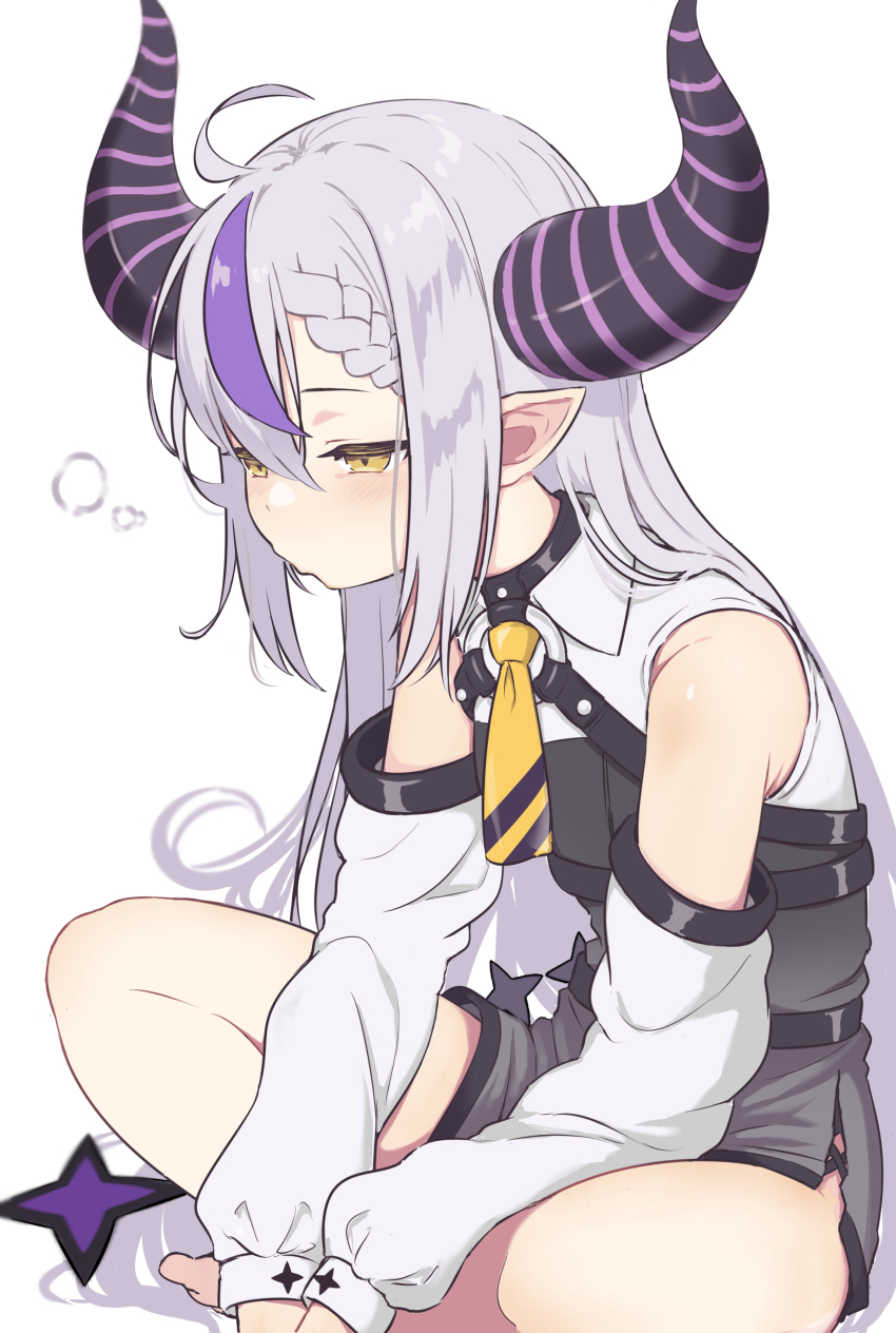 1girl absurdres ahoge barefoot braid demon_horns detached_sleeves eternaltanbo grey_hair highres hololive horns la+_darknesss long_hair multicolored_hair pointy_ears pout purple_hair simple_background sitting solo streaked_hair striped_horns virtual_youtuber white_background yellow_eyes