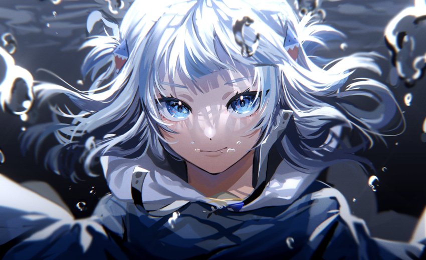 1girl 852_box animal_costume animal_hood bad_id bad_twitter_id blue_eyes blue_hair gawr_gura highres hololive hololive_english hood looking_at_viewer medium_hair multicolored_hair shark_costume shark_hood smile solo streaked_hair underwater virtual_youtuber white_hair