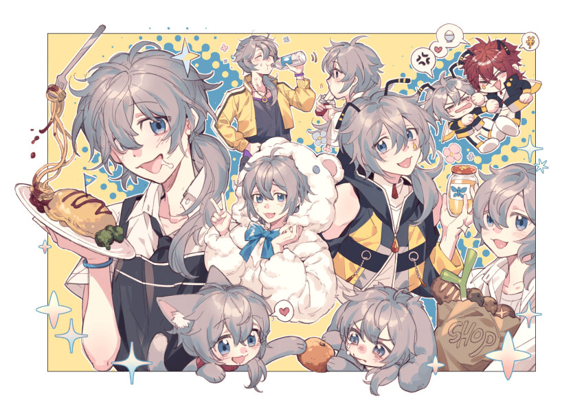 2boys amagi_rinne anger_vein blue_background border bottle cheek_pull collage dot_nose ensemble_stars! food halftone halftone_background heart highres honey jar kemonomimi_mode liangjing male_focus multiple_boys multiple_views no_sclera omelet outside_border pasta shiina_niki spaghetti spoken_anger_vein spoken_expression spoken_heart two-tone_background white_border yellow_background