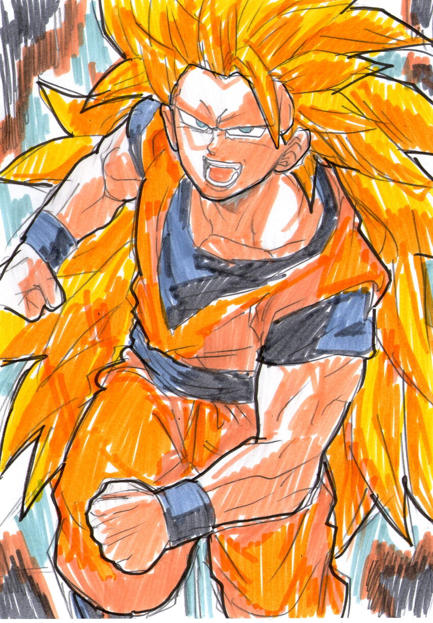 1girl aura belt blonde_hair blue_belt blue_eyes blue_shirt collarbone dougi dragon_ball dragonball_z hepburn_(pixiv_1033192) long_hair long_sleeves looking_at_viewer marker_(medium) muscular open_mouth orange_pants orange_shirt pants saiyan shirt short_sleeves sleeveless sleeveless_shirt smile son_goku spiked_hair standing super_saiyan super_saiyan_3 teeth traditional_media very_long_hair wristband