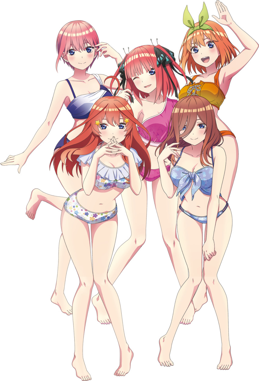 5girls ;d ahoge armpits barefoot bikini blue_bikini blush breasts brown_hair butterfly_hair_ornament cleavage closed_mouth floral_print_bikini go-toubun_no_hanayome green_hairband hair_ornament hairband hand_up highres interlocked_fingers large_breasts leaning_forward long_hair looking_at_viewer medium_hair multiple_girls nakano_ichika nakano_itsuki nakano_miku nakano_nino nakano_yotsuba navel off-shoulder_bikini off_shoulder official_art one_eye_closed open_mouth orange_bikini orange_hair own_hands_together pink_bikini pink_hair quintuplets red_hair short_hair siblings simple_background sisters smile standing star_(symbol) star_hair_ornament swimsuit transparent_background two_side_up white_bikini