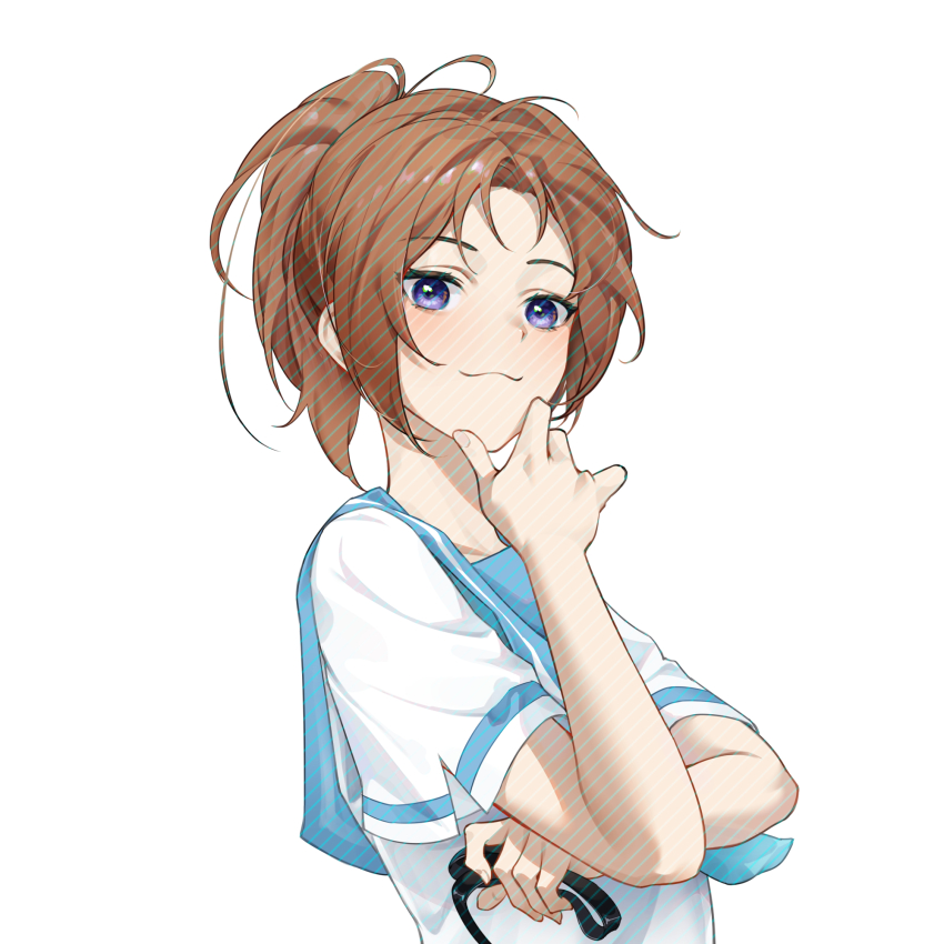 1girl :3 blue_neckerchief brown_hair hand_on_own_chin hibike!_euphonium high_ponytail highres holding holding_leash kitauji_high_school_uniform leash long_hair medium_hair mian_li nakagawa_natsuki neckerchief purple_eyes school_uniform simple_background solo white_background