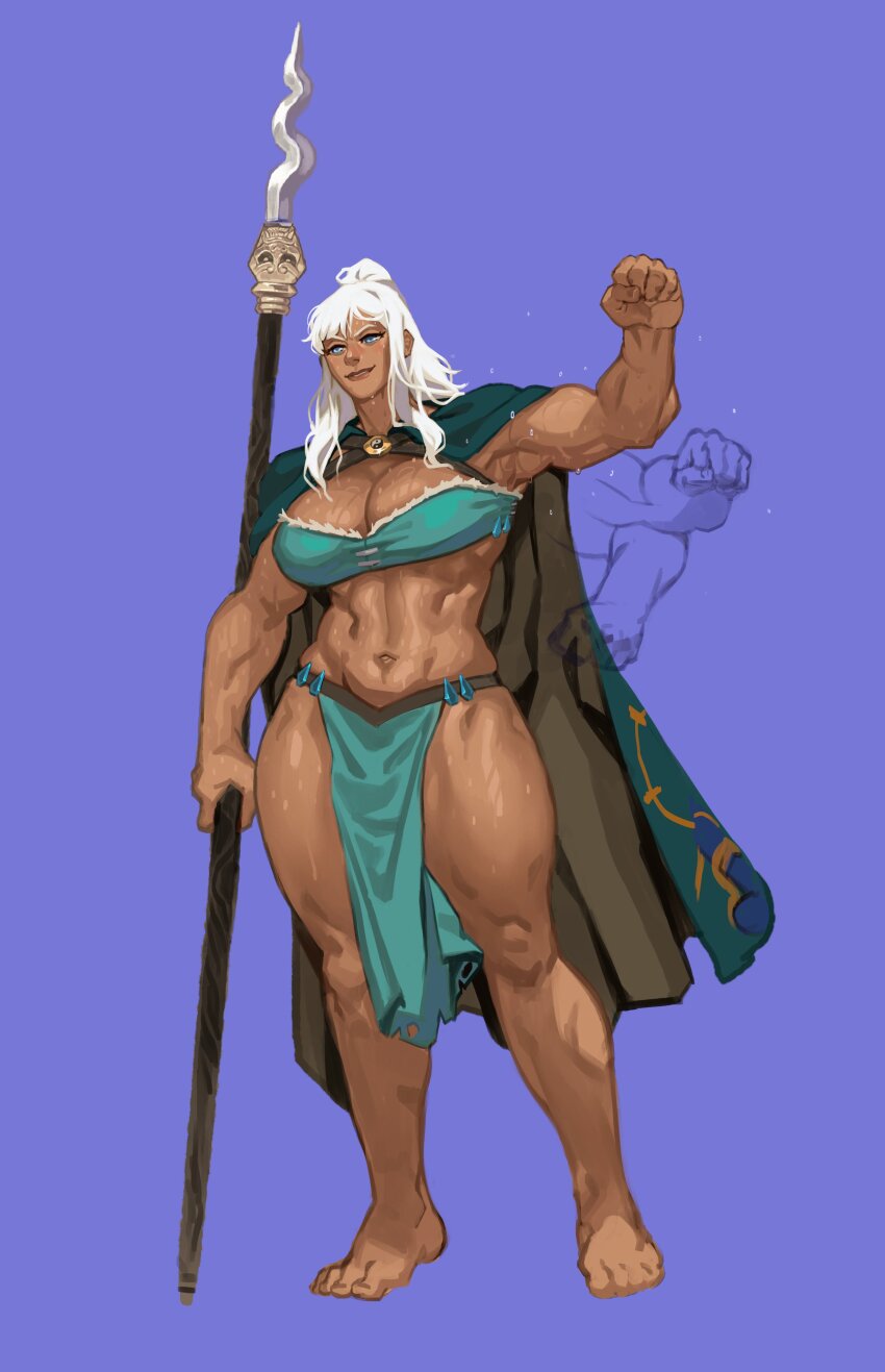 1girl absurdres barefoot biceps blue_background blue_eyes clenched_hand cloak cromwaits dark-skinned_female dark_skin full_body green_cloak highres holding holding_polearm holding_weapon loincloth muscular muscular_female original polearm second-party_source simple_background standing stretching sweat tian_xiaoxiao_(mutageniccrow) weapon white_hair