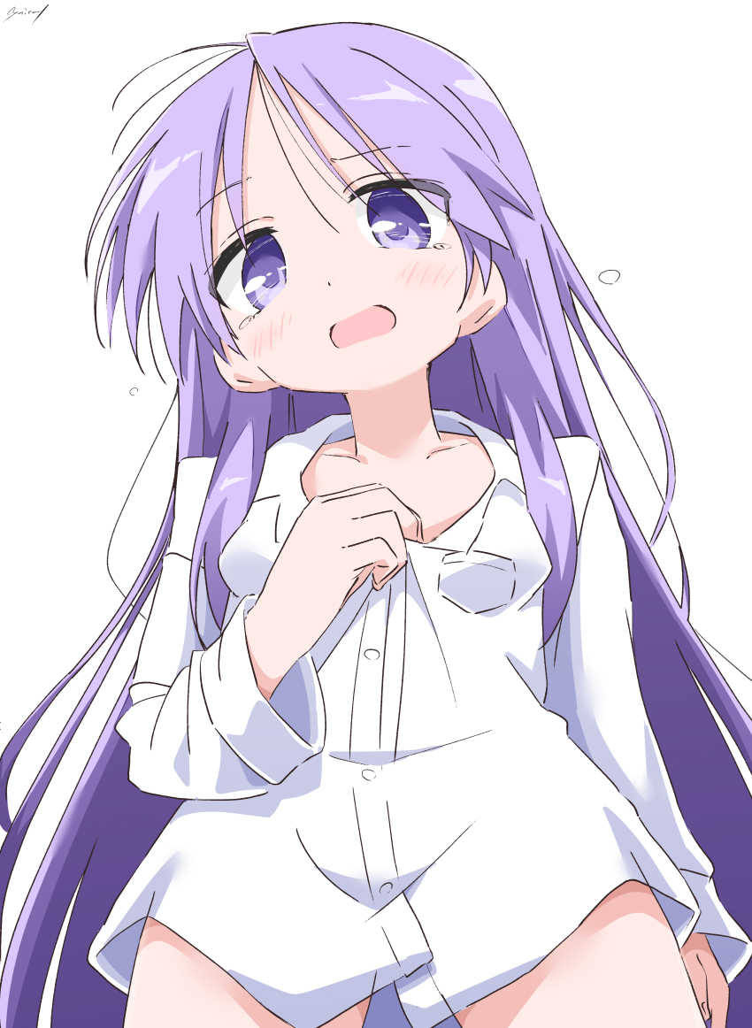 1girl absurdres alternate_hairstyle blush breasts collarbone collared_shirt commentary_request cowboy_shot cynical_(llcbluckg_c004) dress_shirt from_below hair_down highres hiiragi_kagami long_sleeves looking_at_viewer lucky_star no_pants open_mouth partially_unbuttoned purple_eyes purple_hair shirt signature simple_background small_breasts solo tears thighs white_background white_shirt