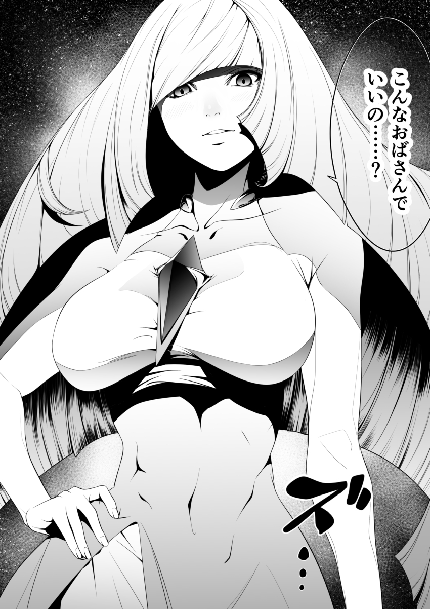 1girl breasts collarbone commentary_request covered_navel creatures_(company) dress fuugetsu_(sanmunyudai) game_freak greyscale hand_on_own_hip highres large_breasts long_hair looking_at_viewer lusamine_(pokemon) monochrome nintendo parted_lips pokemon pokemon_sm sleeveless sleeveless_dress solo speech_bubble translation_request