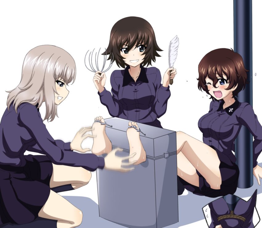 3girls akaboshi_koume barefoot blonde_hair blue_eyes blush breasts brown_hair feathers girls_und_panzer grin hida_ema highres itsumi_erika key_(gaigaigai123) kuromorimine_school_uniform large_breasts laughing medium_hair multiple_girls open_mouth school_uniform short_hair simple_background small_breasts smile tears tickling tickling_feet tied_up_(nonsexual) white_background yuri