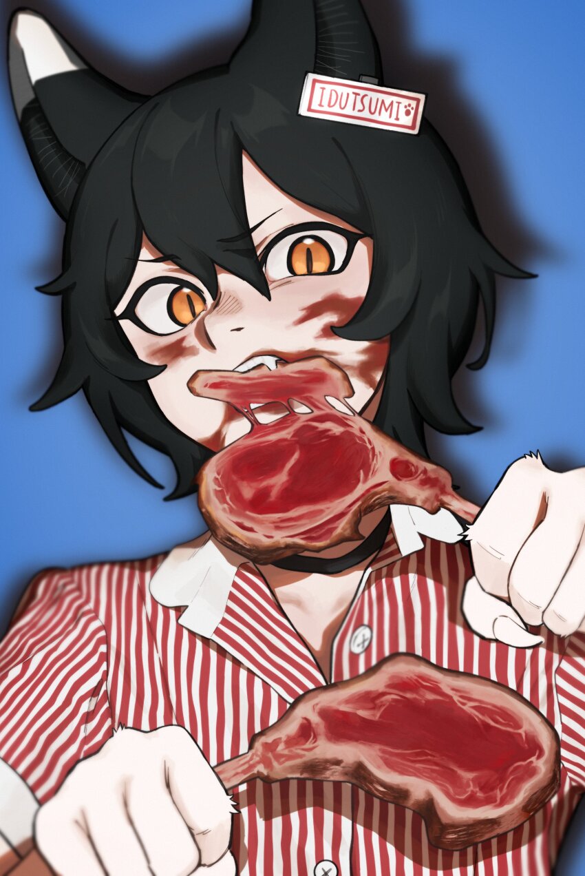 1girl absurdres animal_ears black_hair blood blood_on_face blue_background cat_ears cat_girl dungeon_meshi eating fangs food fujinari highres izutsumi meat monster_girl name_tag shirt short_hair simple_background slit_pupils striped_clothes striped_shirt teeth yellow_eyes