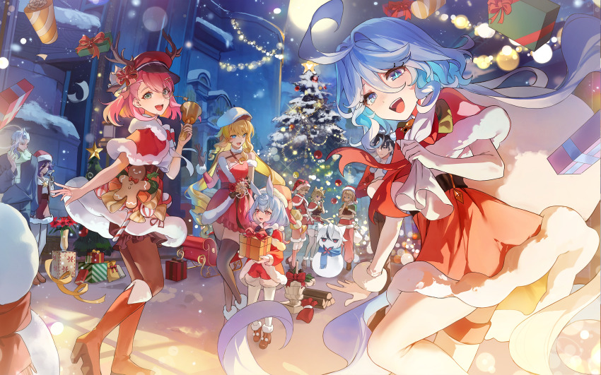 4boys 6+girls absurdres alternate_costume arlecchino_(genshin_impact) belt black_gloves black_thighhighs blonde_hair blue_eyes blue_hair boots charlotte_(genshin_impact) christmas_tree clorinde_(genshin_impact) dark_blue_hair dasha dress drop-shaped_pupils fake_horns freminet_(genshin_impact) furina_(genshin_impact) genshin_impact gloves hair_between_eyes highres horns knee_boots long_hair long_sleeves looking_at_viewer lynette_(genshin_impact) lyney_(genshin_impact) multiple_boys multiple_girls navia_(genshin_impact) neuvillette_(genshin_impact) open_mouth outdoors pantyhose pink_hair red_dress red_footwear santa_costume short_hair sigewinne_(genshin_impact) smile standing symbol-shaped_pupils thighhighs white_hair white_pantyhose wriothesley_(genshin_impact)