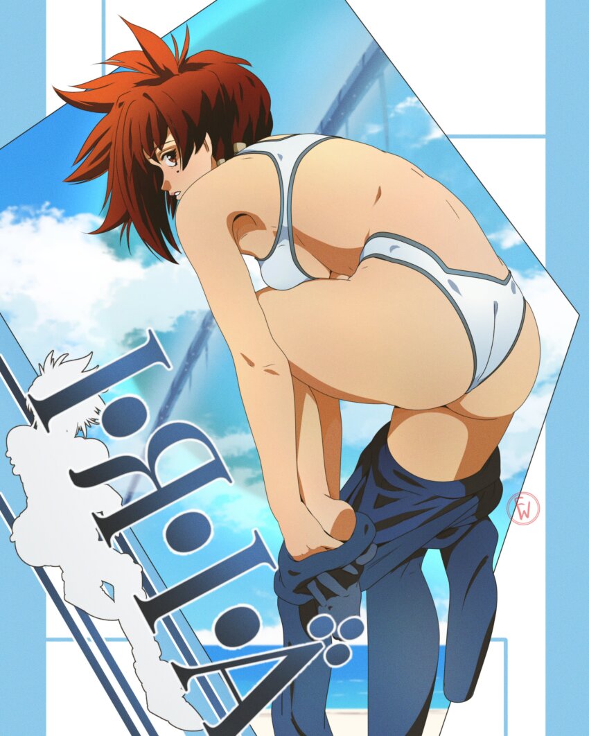 1girl absurdres artist_name ass bare_arms bare_shoulders bikini breasts brown_eyes brown_hair character_name commentary fritz_willie highleg highleg_bikini highres iria_(zeiram) iria_zeiram_the_animation leg_up logo looking_at_viewer looking_back medium_breasts medium_hair mole mole_under_eye parted_lips signature simple_background swimsuit thighs undressing zeiram_(series)