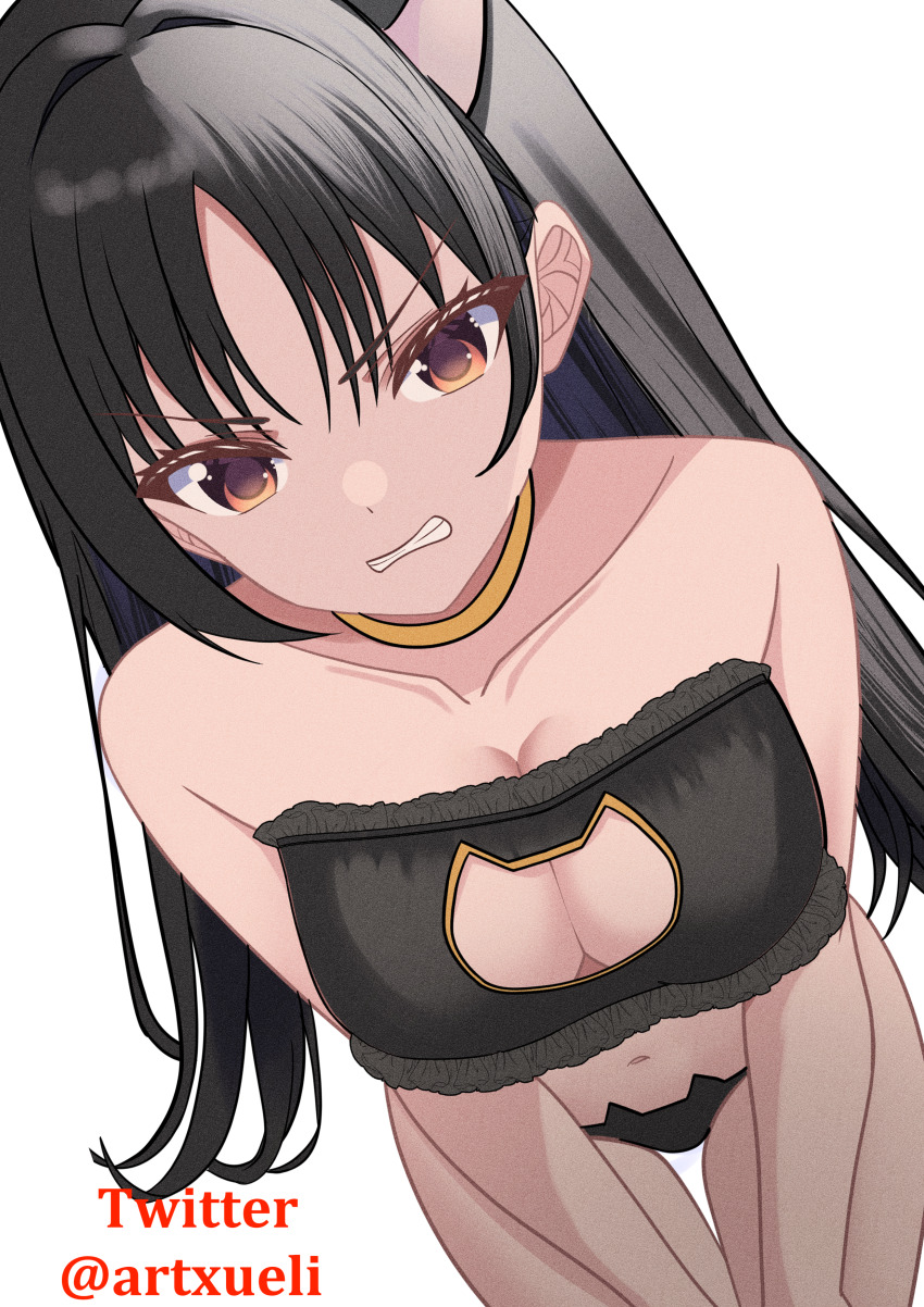 1girl absurdres angry animal_ears black_hair black_trimmed_bra bra breasts cat_ears cat_lingerie choker cleavage_cutout clothing_cutout collarbone frills highres horikita_suzune large_breasts long_hair meme_attire navel panties red_eyes simple_background thighs twitter_username underwear white_background xueli_shimazaki yellow_collar youkoso_jitsuryoku_shijou_shugi_no_kyoushitsu_e