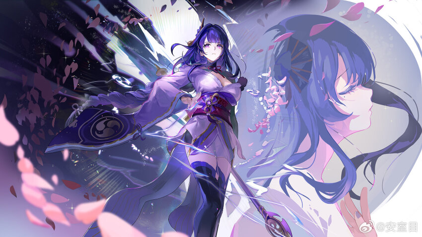 2girls arm_up armor black_thighhighs blunt_bangs braid bridal_gauntlets cherry_blossoms chinese_commentary closed_eyes closed_mouth electricity engulfing_lightning_(genshin_impact) falling_petals floating from_side genshin_impact hair_flowing_over hair_ornament hair_ribbon hand_up highres holding holding_polearm holding_weapon japanese_clothes kimono long_braid long_hair long_sleeves looking_to_the_side makoto_(genshin_impact) mitsudomoe_(shape) mole mole_under_eye motion_blur multicolored_background multiple_girls neck_ribbon off_shoulder petals polearm purple_eyes purple_hair purple_kimono purple_nails purple_ribbon raiden_shogun red_ribbon red_sash ribbon sash shade shoulder_armor siblings single_braid sisters thighhighs thighs tomoe_(symbol) twins weapon weibo_watermark wide_sleeves wumumu