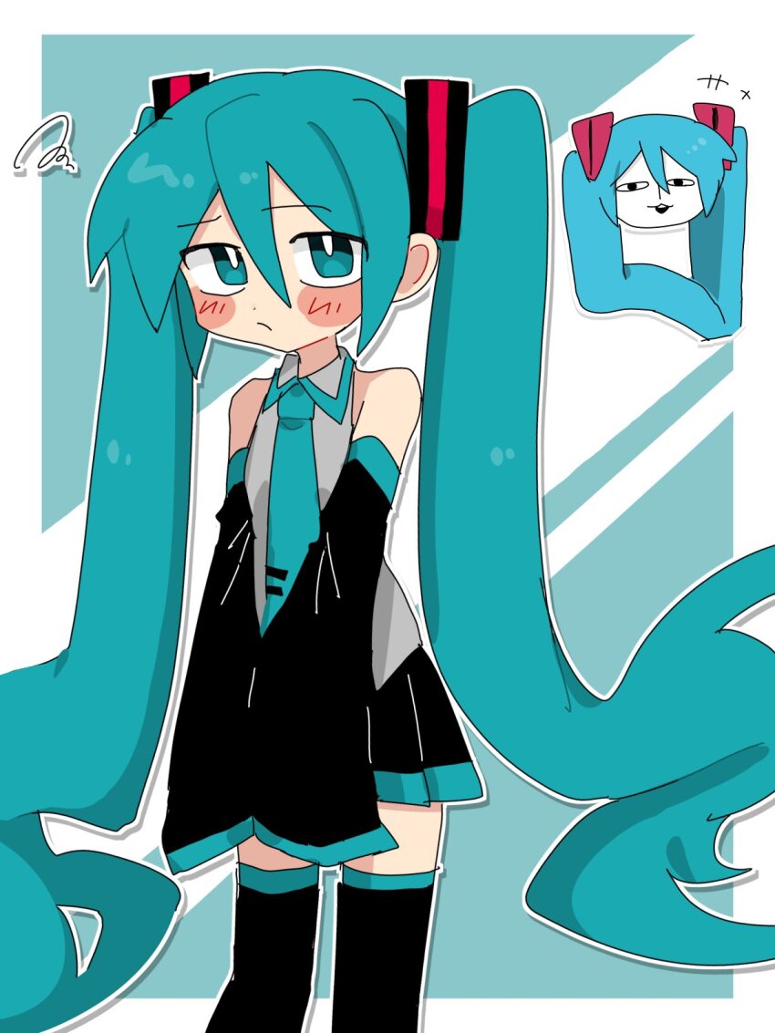 aqua_eyes aqua_hair aqua_necktie bare_shoulders black_skirt black_sleeves black_thighhighs blush closed_mouth cowboy_shot detached_sleeves grey_shirt hair_between_eyes hair_ornament hashtag-only_commentary hatsune_miku highres kyomu_305 long_hair long_sleeves looking_at_viewer miniskirt necktie outside_border scribble shirt shiteyan&#039;yo skirt sleeveless sleeveless_shirt sleeves_past_fingers sleeves_past_wrists standing thighhighs twintails very_long_hair vocaloid