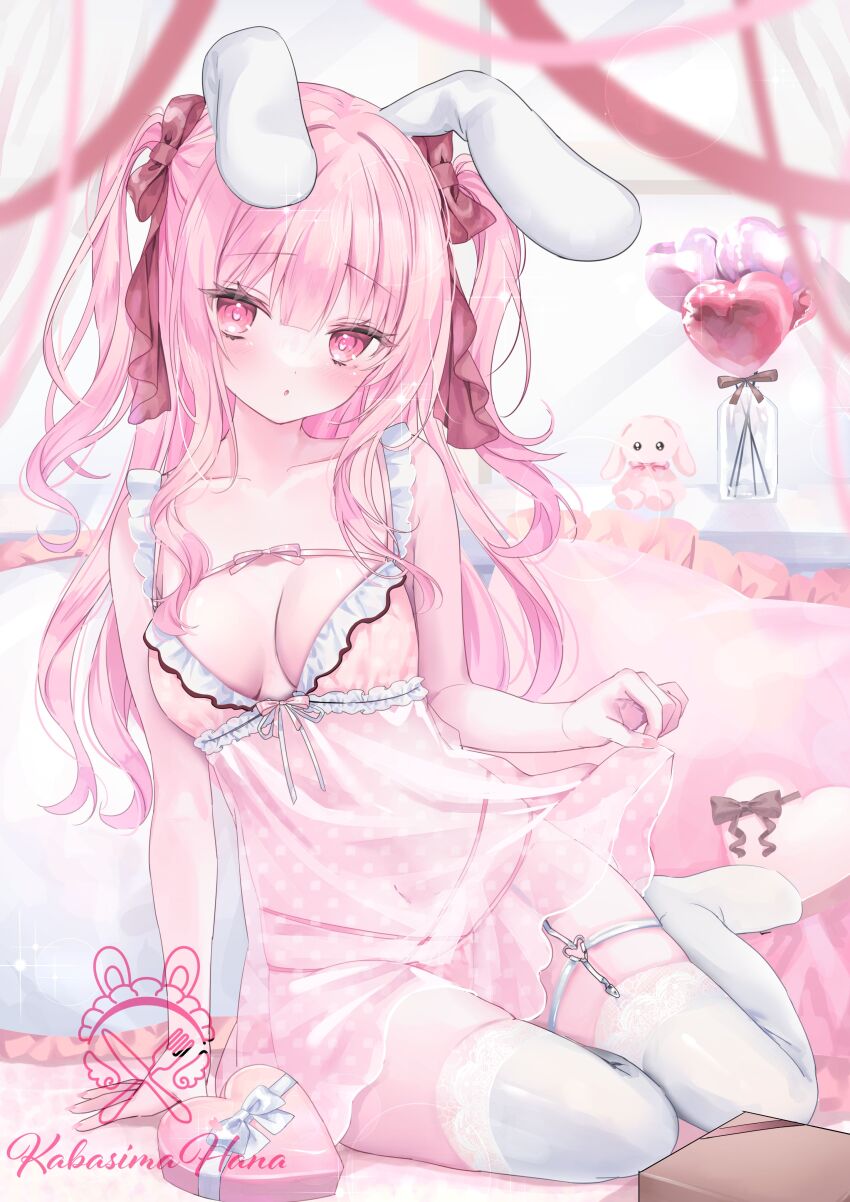 1girl absurdres animal_ears blunt_bangs blurry blurry_foreground blush bow breasts brown_bow cleavage collarbone garter_belt hair_bow hair_intakes highres indie_virtual_youtuber kabashima_hana lingerie long_hair looking_at_viewer medium_breasts navel negligee parted_lips pink_hair pink_ribbon rabbit_ears red_eyes ribbon see-through_clothes sitting skindentation sleepwear solo stuffed_animal stuffed_rabbit stuffed_toy thighhighs underwear usada_mochiko virtual_youtuber white_thighhighs