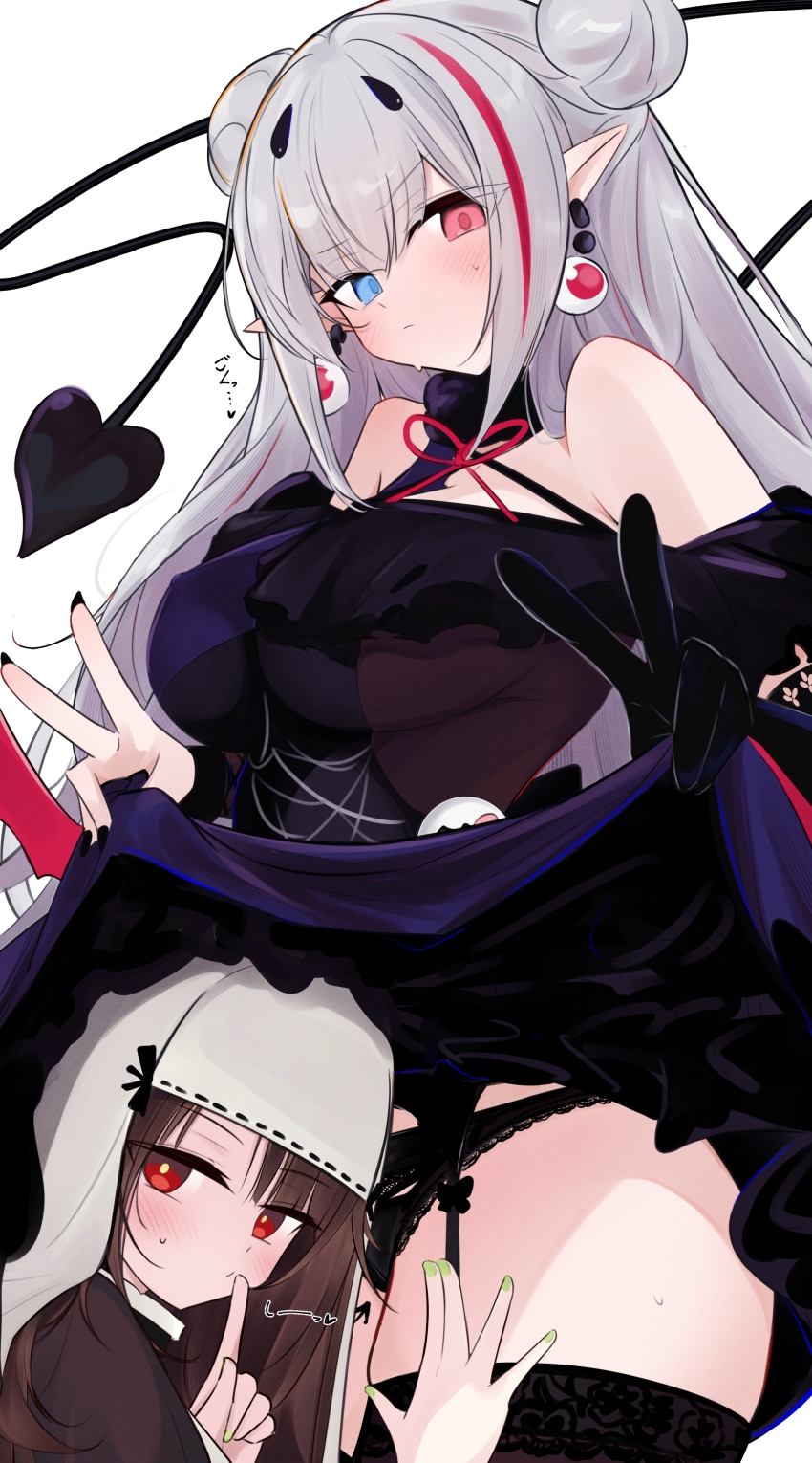 2girls absurdres black_panties body_writing c-ms_(girls&#039;_frontline) c-ms_(to_matka_joanna)_(girls&#039;_frontline) clothes_lift cowboy_shot demon_tail double_bun double_v dress earrings eyeball_earrings finger_to_mouth garter_belt girls&#039;_frontline gloves grey_hair hair_bun halloween halloween_costume head_under_skirt heterochromia highres index_finger_raised jewelry lace lace-trimmed_panties lace_trim lifting_own_clothes long_hair mdr_(ghost_trap)_(girls&#039;_frontline) mdr_(girls&#039;_frontline) multicolored_clothes multicolored_dress multicolored_hair multiple_girls nail_polish ohichi16 panties pointy_ears single_glove skirt skirt_lift spider_web_print streaked_hair tail under_skirt underwear v vampire