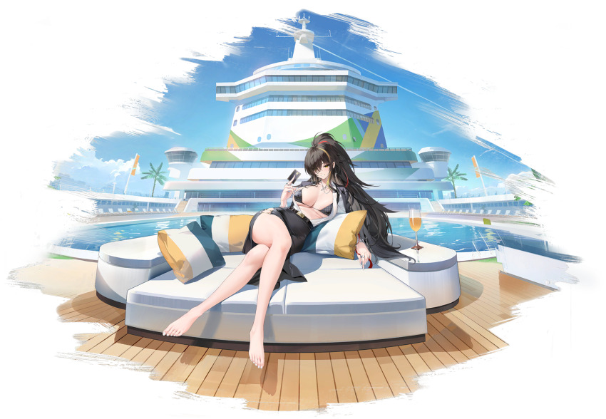 1girl azur_lane barefoot belt bikini black_belt black_bikini black_hair black_skirt blonde_hair breasts card champagne_flute crossed_legs cup drinking_glass grin hair_over_one_eye harbin_(azur_lane) harbin_(set_sail_for_summer_treasure)_(azur_lane) highres holding holding_card jewelry large_breasts long_hair looking_at_viewer multicolored_hair official_art pillow ponytail pool poolside red_hair ring shirt sitting skirt smile solo streaked_hair swimsuit unbuttoned unbuttoned_shirt white_shirt yellow_eyes