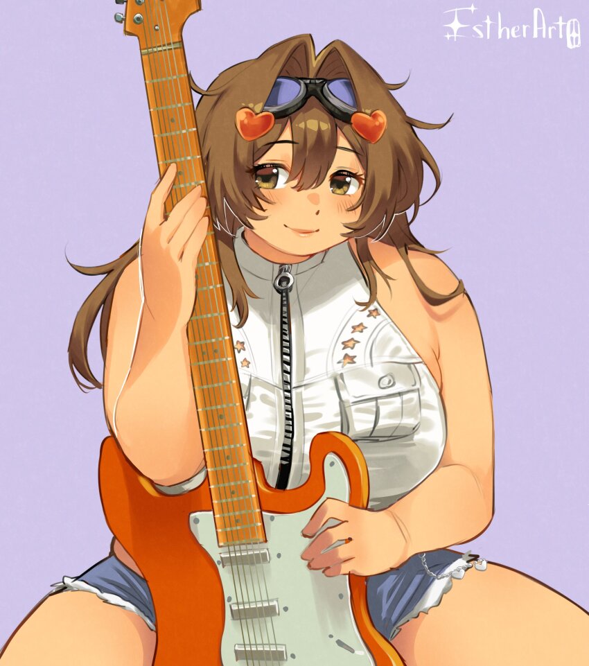 1girl absurdres artist_name bass_guitar borrowed_character breast_pocket breasts brown_eyes brown_hair commentary commentary_request denim denim_shorts english_commentary estherart0 goggles goggles_on_head hair_intakes hair_ornament heart heart_hair_ornament highres instrument large_breasts long_hair looking_to_the_side nanaco_(meisharan) original plump pocket purple_background shirt short_shorts shorts sleeveless sleeveless_shirt smile solo zipper