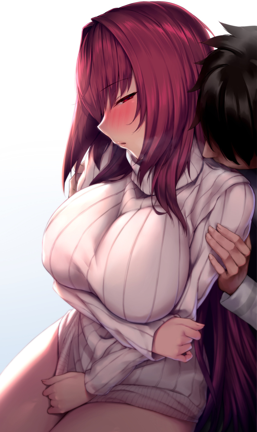 1boy 1girl absurdres black_hair blush breasts fate/grand_order fate_(series) gradient_background hair_intakes highres large_breasts long_hair long_sleeves lun7732 neck_kissing open_mouth purple_hair red_eyes ribbed_sweater scathach_(fate) short_hair sitting sweater turtleneck turtleneck_sweater white_sweater