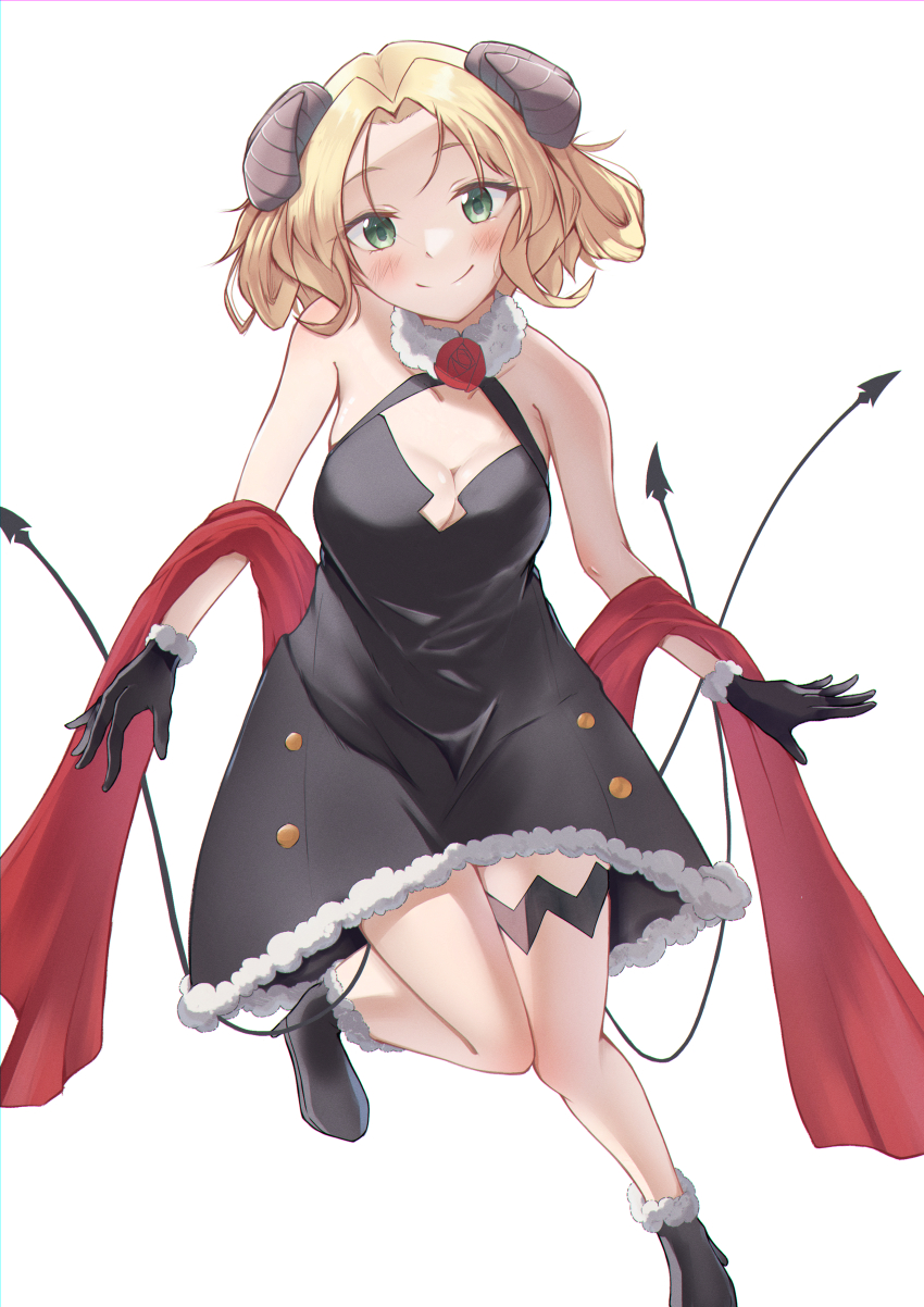 1girl absurdres aohige1583321 armpit_crease black_dress black_gloves black_shoes blonde_hair blush boots breasts cleavage closed_mouth demon_girl demon_tail dress fur-trimmed_boots fur-trimmed_dress fur-trimmed_gloves fur_trim gloves green_eyes high_heels highres horns knees_together_feet_apart looking_at_viewer medium_breasts multiple_tails provato_pecora_aries red_scarf scarf sheep_horns shoes short_hair simple_background slime_taoshite_300_nen_shiranai_uchi_ni_level_max_ni_nattemashita smile solo standing standing_on_one_leg stiletto_heels tail white_background