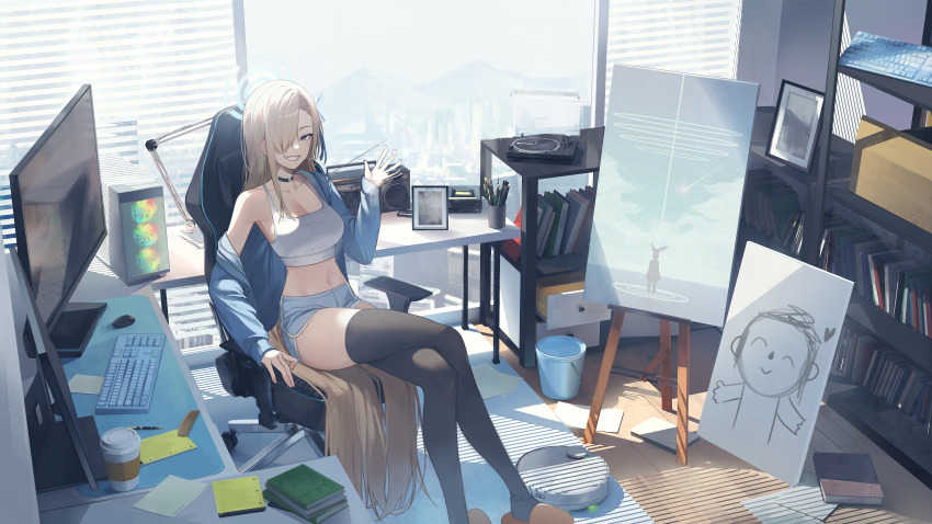 1girl absurdres alternate_costume asuna_(blue_archive) black_choker black_thighhighs blonde_hair blue_archive blue_eyes blue_halo blue_jacket blue_ribbon blue_shorts book boombox breasts brown_footwear bucket chair choker cleavage coffee collarbone computer computer_keyboard computer_mouse crossed_legs cup day disposable_coffee_cup disposable_cup dolphin_shorts doodle_sensei_(blue_archive) easel fang grey_sports_bra grin hair_over_one_eye hair_ribbon halo hand_up heart highres indoors jacket large_breasts long_hair long_sleeves looking_at_viewer midriff monitor navel notebook off_shoulder office_chair on_chair one_eye_covered painting_(object) paper pen photo_(object) picture_frame radio ribbon robotic_vacuum_cleaner sensei_(blue_archive) shelf short_shorts shorts single_bare_shoulder sitting siwa_(st_ekfrlfkep) skin_fang slippers smile solo sports_bra swivel_chair thighhighs very_long_hair waving window window_blinds window_shadow wooden_floor