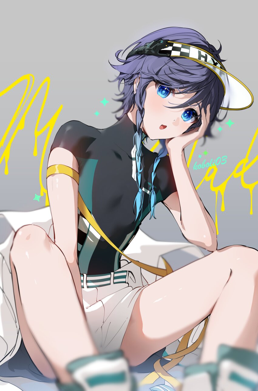 1boy absurdres aqua_hair artist_name bare_legs black_hair black_shirt blue_eyes braid genshin_impact gradient_hair grey_background hat highres kkopoli male_focus multicolored_hair official_alternate_costume open_mouth shirt shorts solo twin_braids venti_(genshin_impact) visor_cap white_shorts