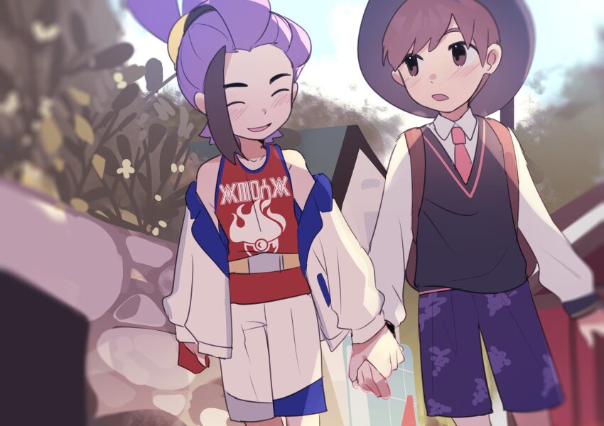 2boys :d :o blurry blush brown_eyes brown_hair closed_eyes collared_shirt commentary_request creatures_(company) florian_(pokemon) game_freak gloves hat highres holding_hands jacket kieran_(pokemon) long_sleeves male_focus multicolored_hair multiple_boys necktie nintendo off_shoulder open_mouth partially_fingerless_gloves pokemon pokemon_sv purple_hair red_gloves red_shirt shirt short_hair shorts single_glove sleeveless sleeveless_shirt smile suikaels two-tone_hair vest white_jacket white_shirt white_shorts