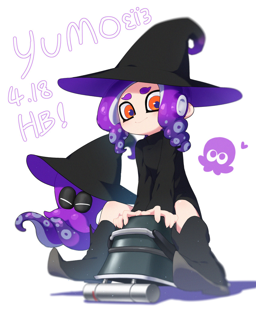 1girl absurdres black_dress black_footwear black_hat bloblobber_(splatoon) blue_pupils boots chibi chibi_inset closed_mouth commentary_request dress drill_hair full_body furrowed_brow hat highres ichijip_app light_particles long_sleeves looking_at_viewer medium_hair nintendo octoling octoling_girl octoling_player_character octopus orange_eyes parted_bangs pointy_footwear purple_hair sitting smile splatoon_(series) splatoon_3 tentacle_hair twin_drills two-sided_fabric two-sided_headwear white_background witch_hat