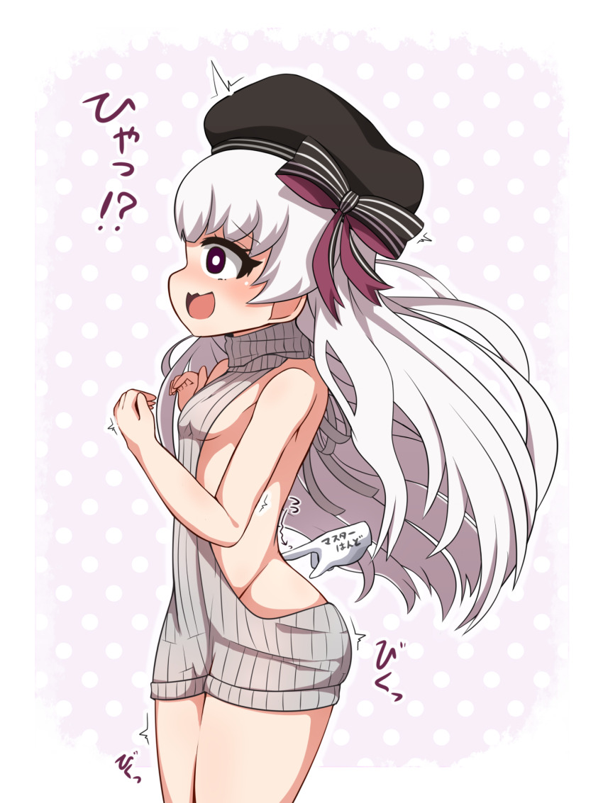 1girl ^^^ bare_arms bare_shoulders beret black_bow black_hat bow breasts commentary_request disembodied_hand fate/extra fate_(series) from_side grey_hair grey_sweater groin hair_bow hat highres long_hair meme_attire nursery_rhyme_(fate) open_mouth polka_dot polka_dot_background profile purple_background purple_eyes ribbed_sweater small_breasts solo_focus striped_bow surprised sweater translation_request turtleneck turtleneck_sweater two-tone_background very_long_hair virgin_killer_sweater white_background yuya090602