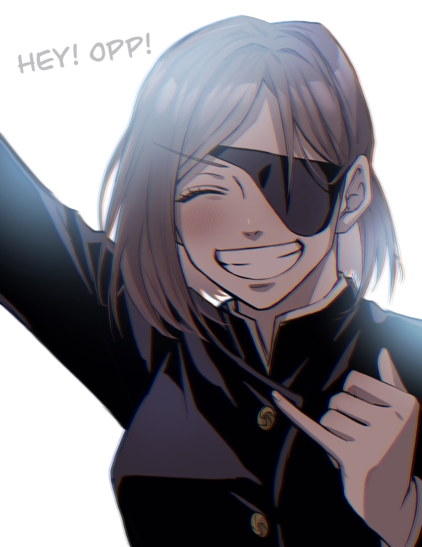 1girl arm_up backlighting black_jacket breasts brown_hair chromatic_aberration closed_eyes commentary eyepatch grin highres hosun jacket jujutsu_kaisen jujutsu_tech_uniform kugisaki_nobara large_breasts pinky_out smile solo upper_body