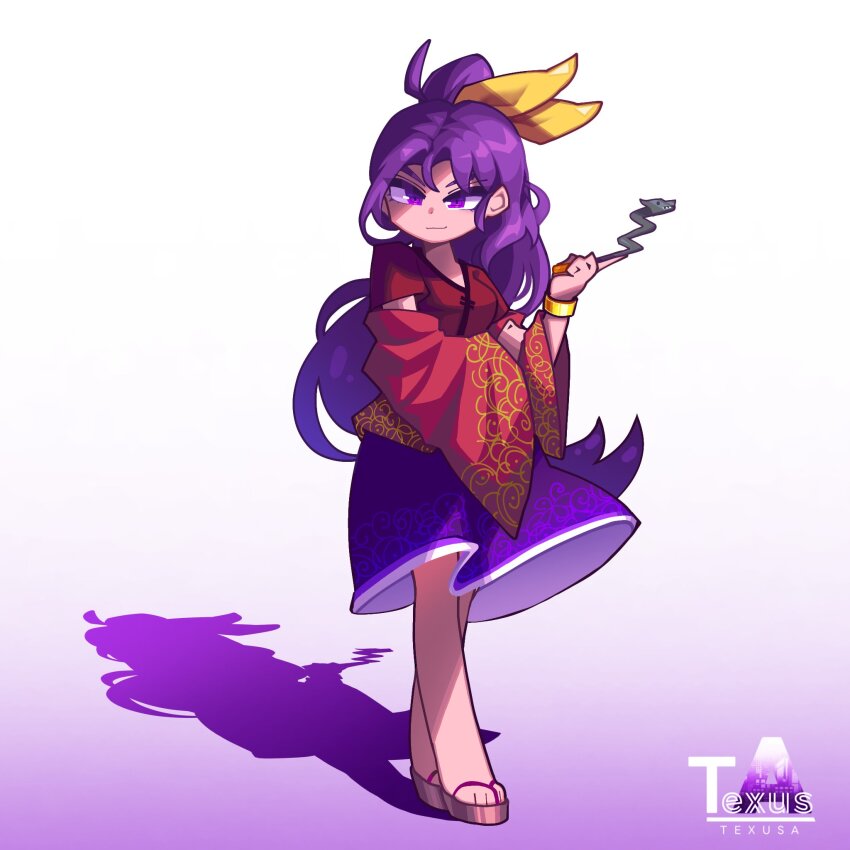 1girl full_body high_ponytail highres holding holding_smoking_pipe japanese_clothes kimono komakusa_sannyo looking_at_viewer purple_eyes purple_hair purple_skirt red_kimono skirt smile smoking_pipe solo texusa1 touhou