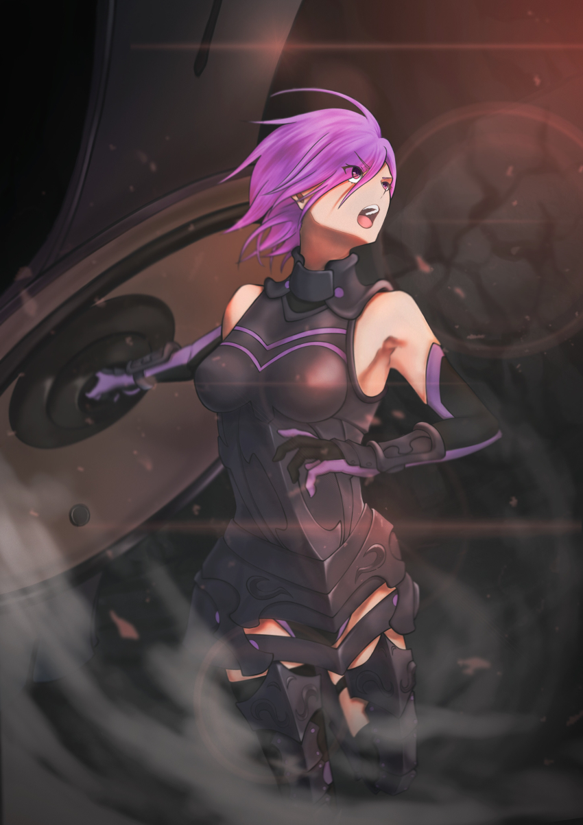 1girl absurdres armored_boots armored_leotard asymmetrical_legwear black_footwear black_leotard black_thighhighs boots breasts breasts_apart elbow_gloves eyes_visible_through_hair fate/grand_order fate_(series) gloves hair_between_eyes hair_over_one_eye highres holding holding_shield kuremon leotard mash_kyrielight mash_kyrielight_(demi-servant) medium_breasts open_mouth purple_eyes purple_hair shield short_hair solo standing thigh_boots thigh_strap thighhighs uneven_legwear