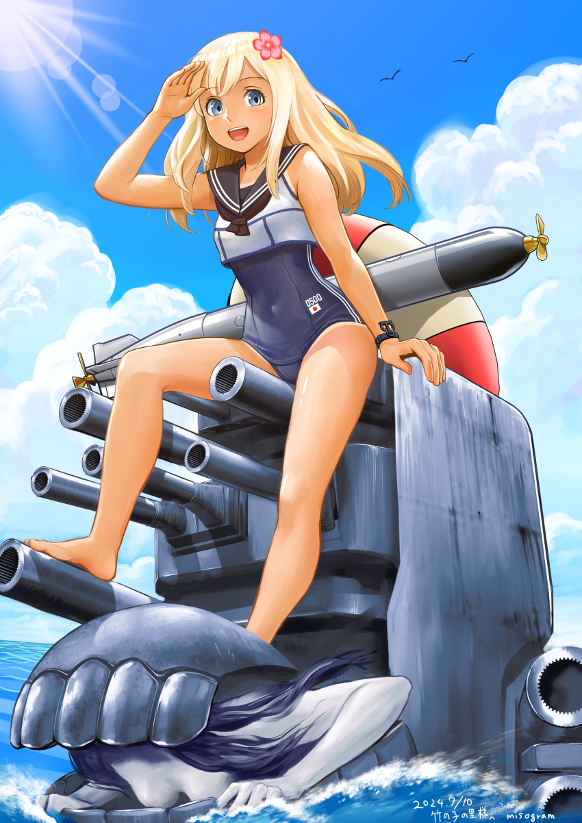 1girl absurdres abyssal_ship blonde_hair blue_eyes blush breasts cannon crop_top dated day flower hair_flower hair_ornament highres ho-class_light_cruiser kantai_collection lifebuoy long_hair looking_at_viewer machinery misogram ocean one-piece_swimsuit one-piece_tan open_mouth ro-500_(kancolle) sailor_collar school_swimsuit school_uniform serafuku ship_turret signature smile swim_ring swimsuit swimsuit_under_clothes tan tanline torpedo water