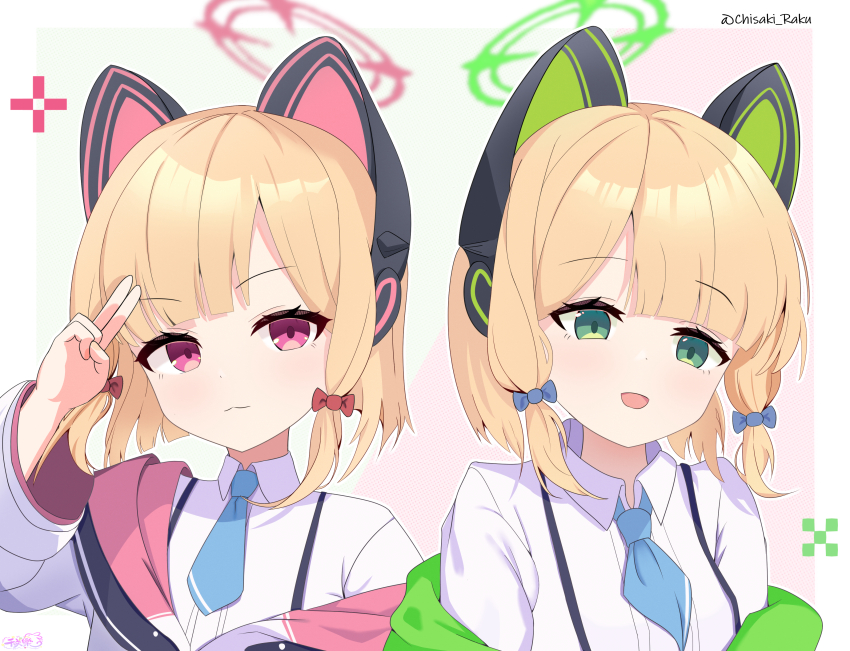 2girls :3 absurdres animal_ear_headphones animal_ears blonde_hair blue_archive blue_bow blue_necktie blush border bow cat_ear_headphones chisaka_raku commentary_request fake_animal_ears green_background green_eyes green_halo halo headphones highres jacket long_sleeves low-tied_sidelocks midori_(blue_archive) momoi_(blue_archive) multiple_girls necktie open_mouth outline pink_background pink_halo polka_dot polka_dot_background red_bow salute shirt short_hair siblings sisters smile twins twitter_username two-finger_salute two-tone_background white_border white_outline