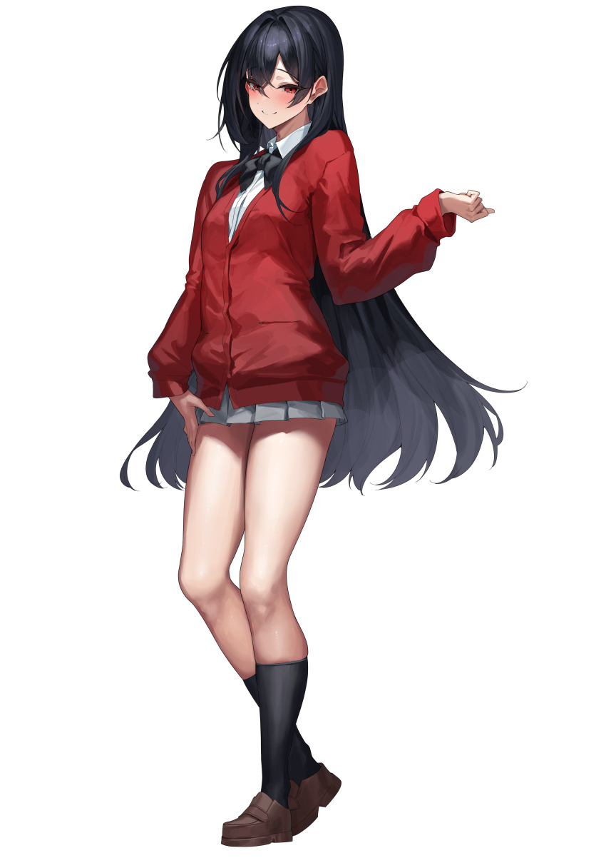 1girl absurdres black_hair blush bow cardigan hair_between_eyes highres long_hair original pleated_skirt red_cardigan red_eyes shirt skirt smile solo very_long_hair white_background white_shirt yamanokami_eaka