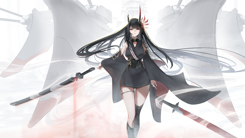 1girl absurdres asymmetrical_horns azur_lane black_dress black_footwear black_hair black_horns commentary_request detached_sleeves dress floating floating_object floating_sword floating_weapon flower hiei_(azur_lane) hiei_(meta)_(azur_lane) highres horns katana long_hair long_sleeves looking_at_viewer red_eyes rigging ryosuke1225 sheath sheathed solo spider_lily sword turret very_long_hair weapon wide_sleeves