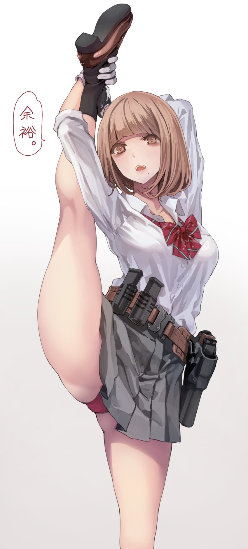 1girl absurdres ar-15 belt black_legwear brown_eyes brown_hair duplicate grey_background grey_skirt gun highres job_killer jyakuzure_risa koh_(minagi_kou) loafers magazine_(weapon) multiple_weapons panties pleated_skirt red_panties rifle shirt shoes short_hair skirt split standing standing_on_one_leg standing_split underwear upskirt utility_belt weapon white_shirt