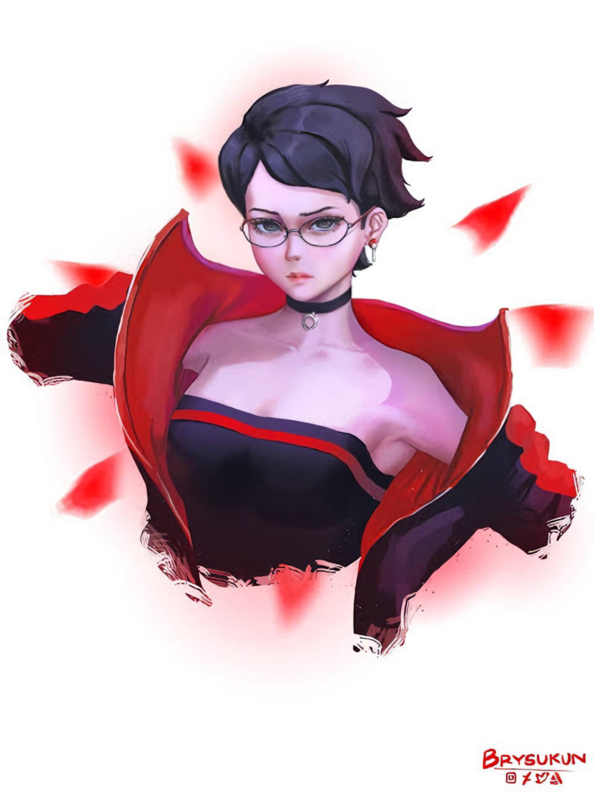 absurdres boruto:_two_blue_vortex breasts earrings glasses highres jacket jewelry jumpsuit lips looking_at_viewer medium_breasts necktie open_clothes open_jacket short_hair simple_background uchiha_sarada upper_body watermark white_background